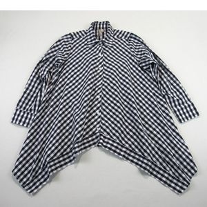 Comfy USA Trapeze Top Womens XS Black White Gingham Plaid Uneven Hem Button Up